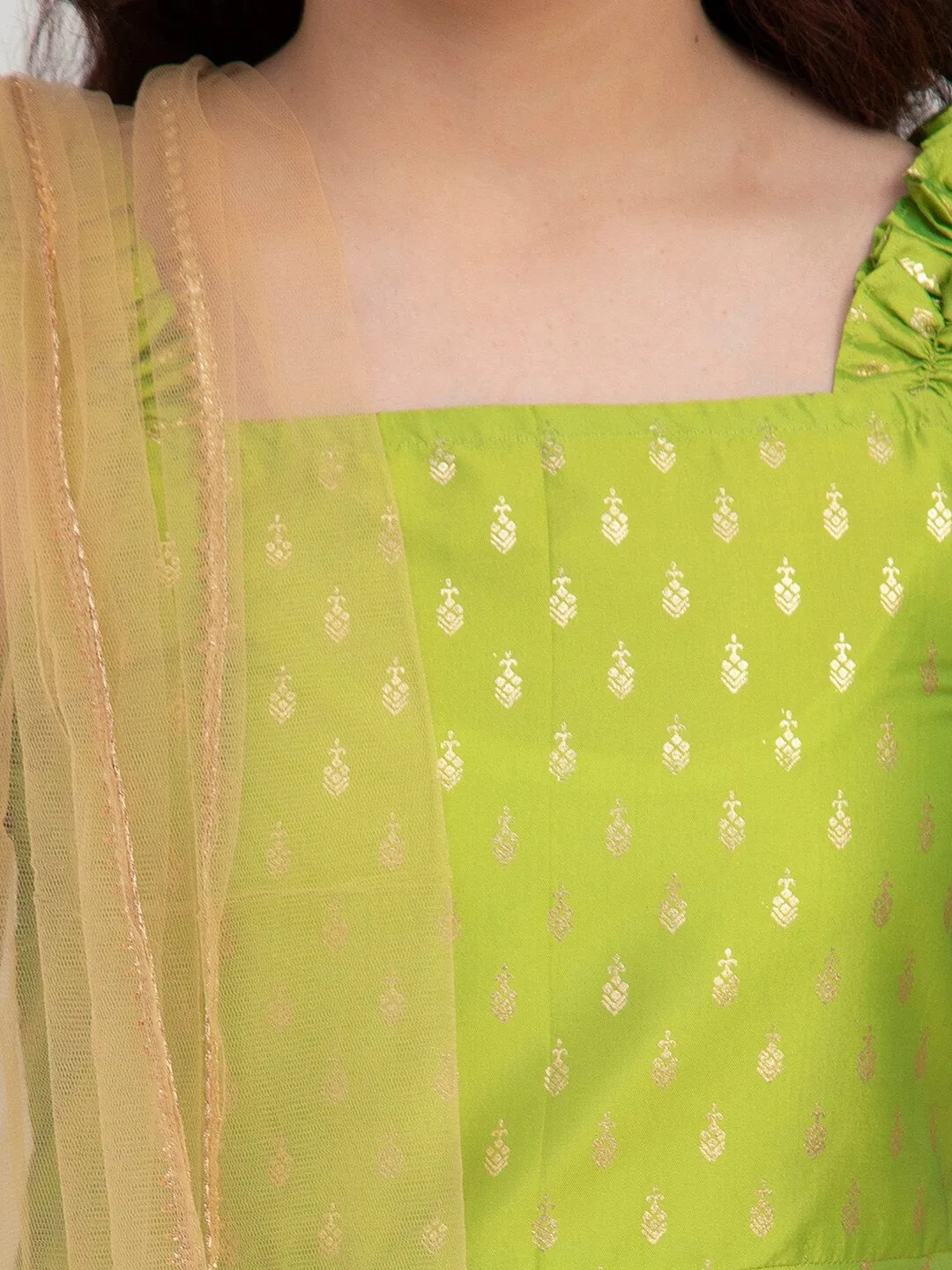 Girls Green Ethnic Motifs Kurti With Dhoti Pants & With Dupatta