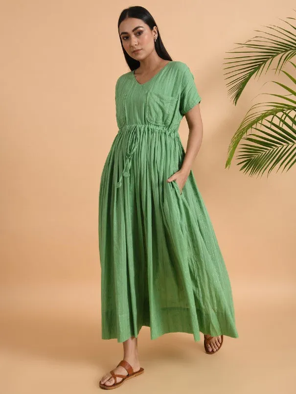 Green Double Pocket Long Maxi Dress