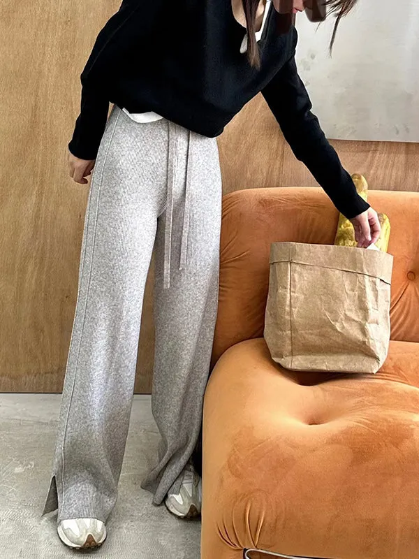 High Waisted Loose Drawstring Solid Color Split-Side Velvet Pants Trousers