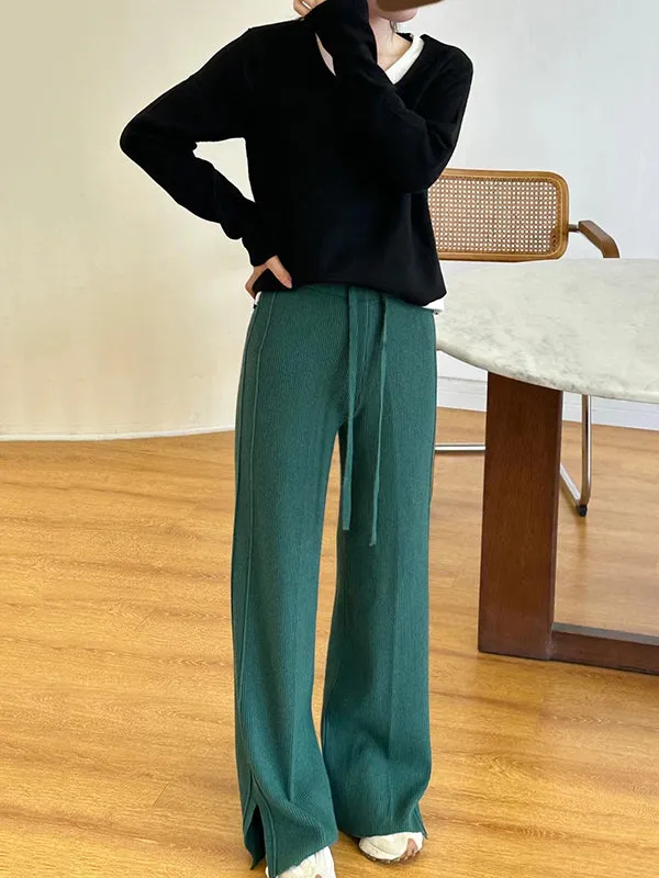 High Waisted Loose Drawstring Solid Color Split-Side Velvet Pants Trousers