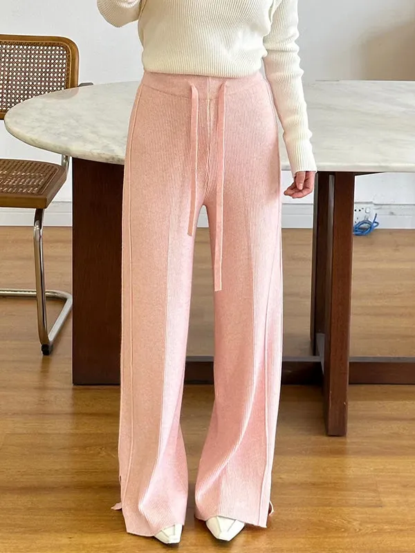 High Waisted Loose Drawstring Solid Color Split-Side Velvet Pants Trousers