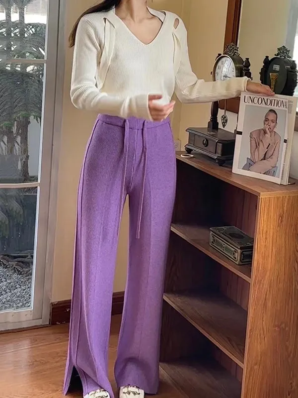 High Waisted Loose Drawstring Solid Color Split-Side Velvet Pants Trousers