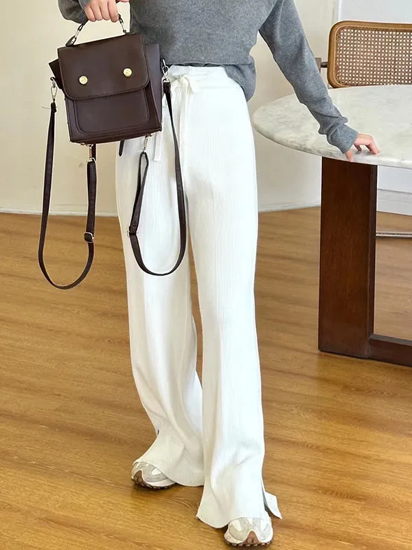 High Waisted Loose Drawstring Solid Color Split-Side Velvet Pants Trousers