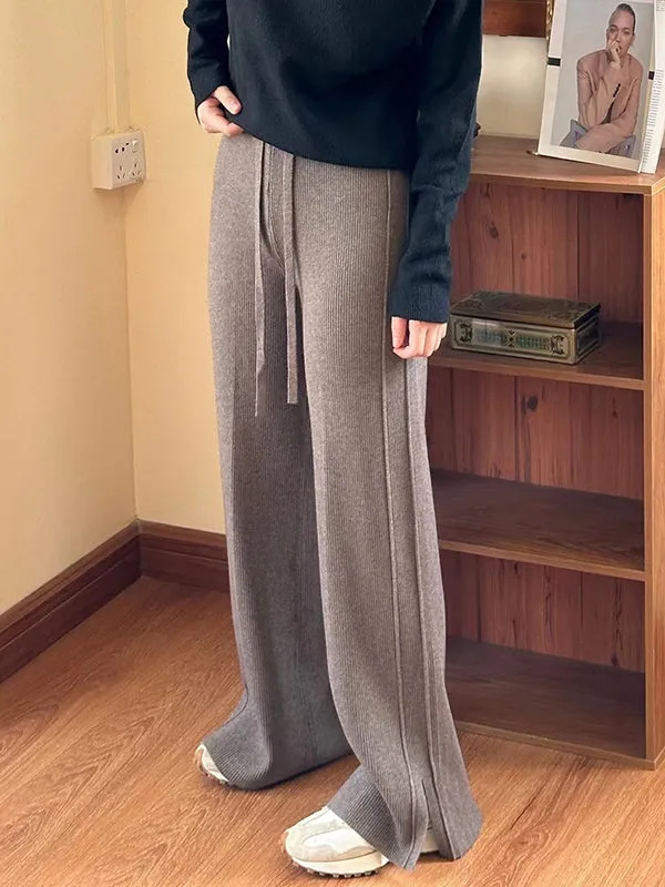 High Waisted Loose Drawstring Solid Color Split-Side Velvet Pants Trousers