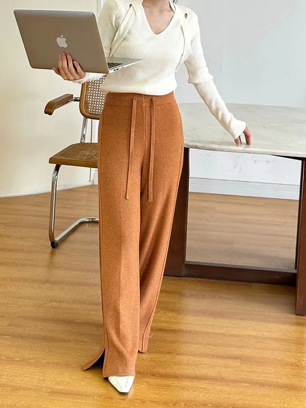 High Waisted Loose Drawstring Solid Color Split-Side Velvet Pants Trousers