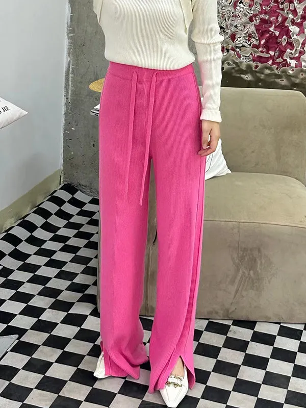 High Waisted Loose Drawstring Solid Color Split-Side Velvet Pants Trousers