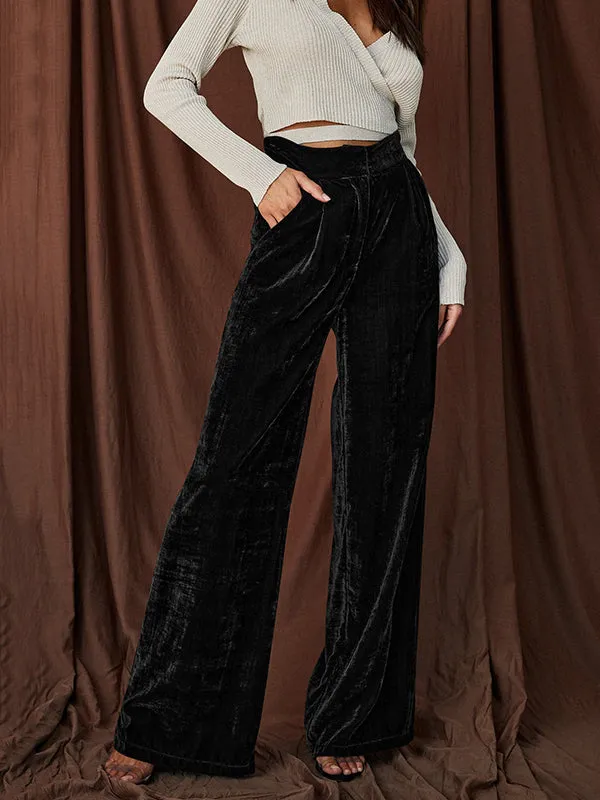 High Waisted Loose Elasticity Solid Color Pants Trousers