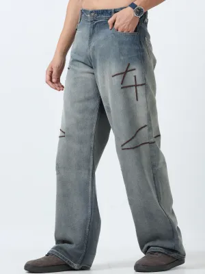 Imogen - Embroidered Loose fit Jeans - Blue Fade