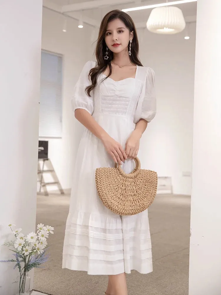 Jastie French White Dress Cotton Embroidered V-neck Elegant Ladies Dress Ruffle Hem Chic Autumn Dress Retro Luxury Brand Dress