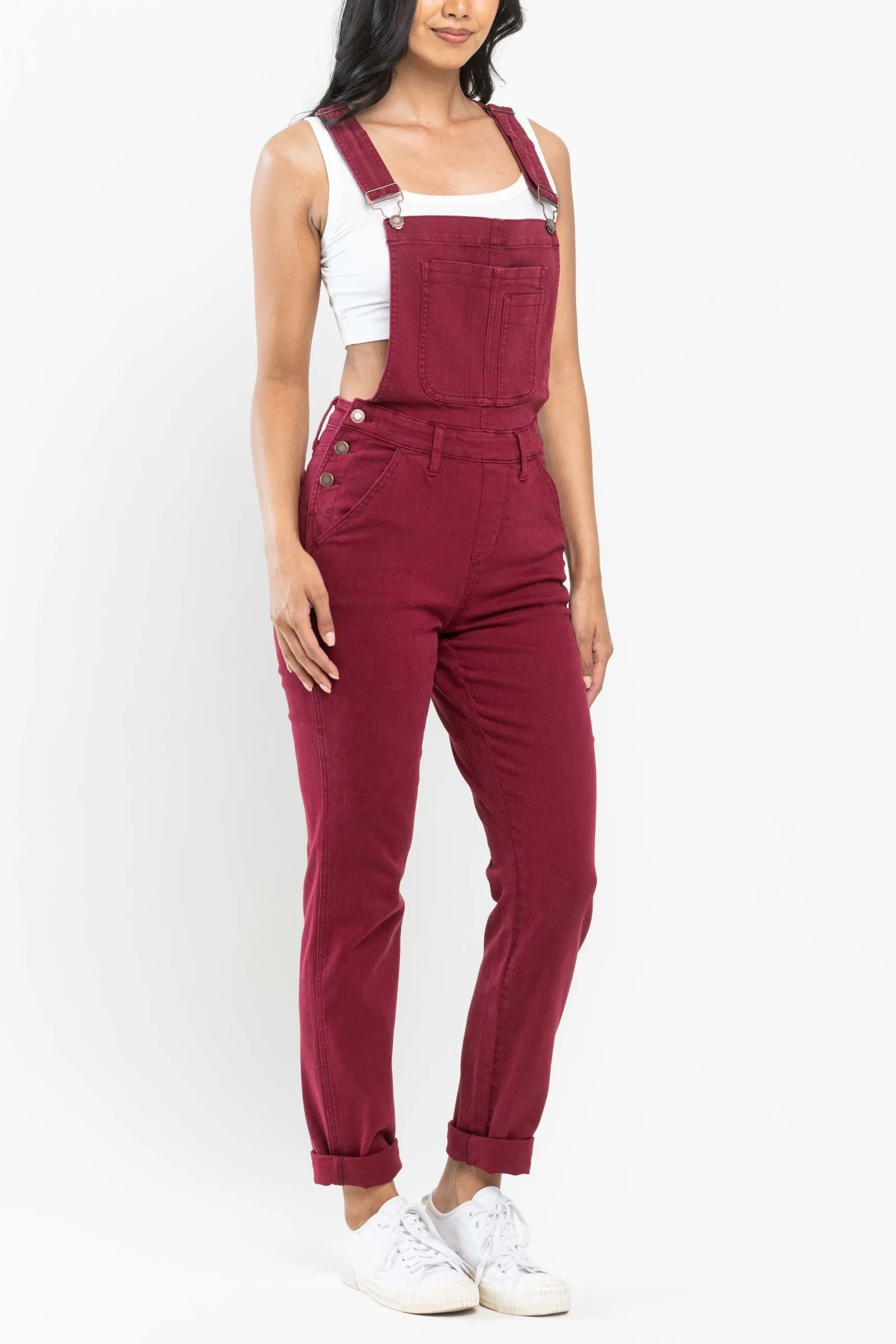 Judy Blue High Waist Garment Dyed Maroon Double Cuff Boyfriend Overall Denim 88712