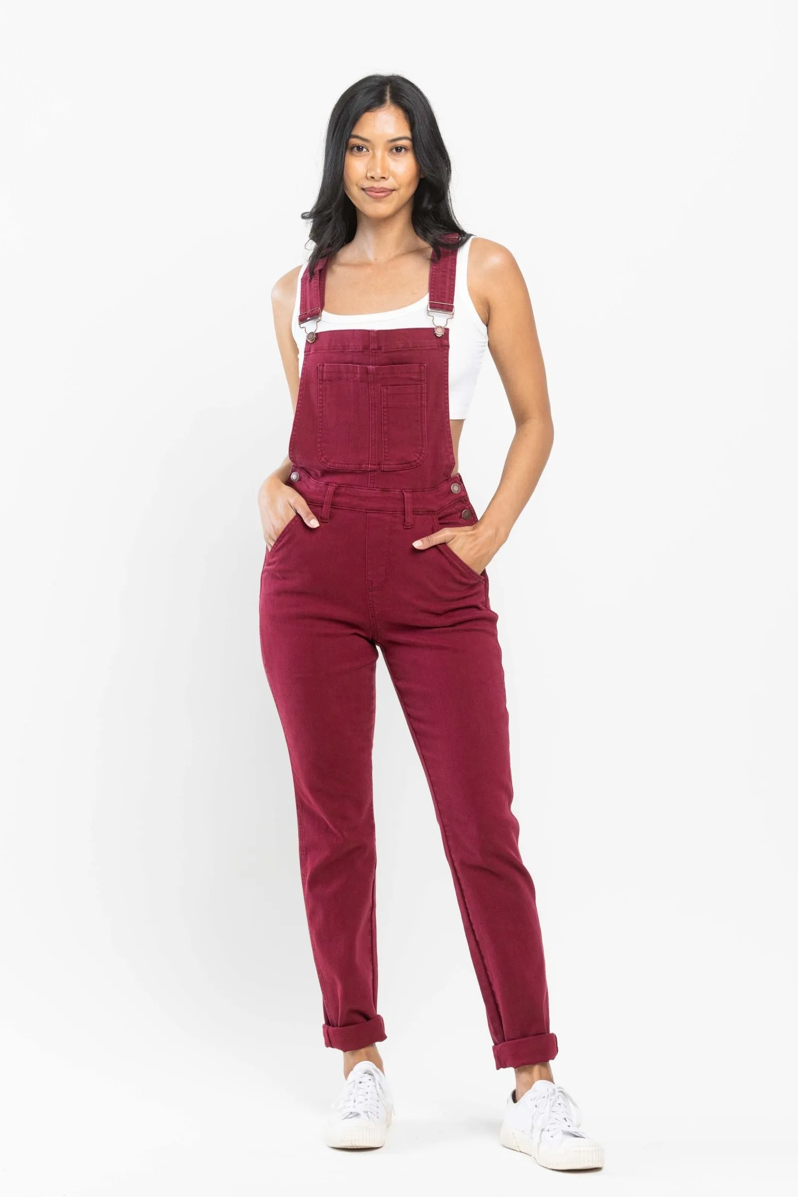 Judy Blue High Waist Garment Dyed Maroon Double Cuff Boyfriend Overall Denim 88712