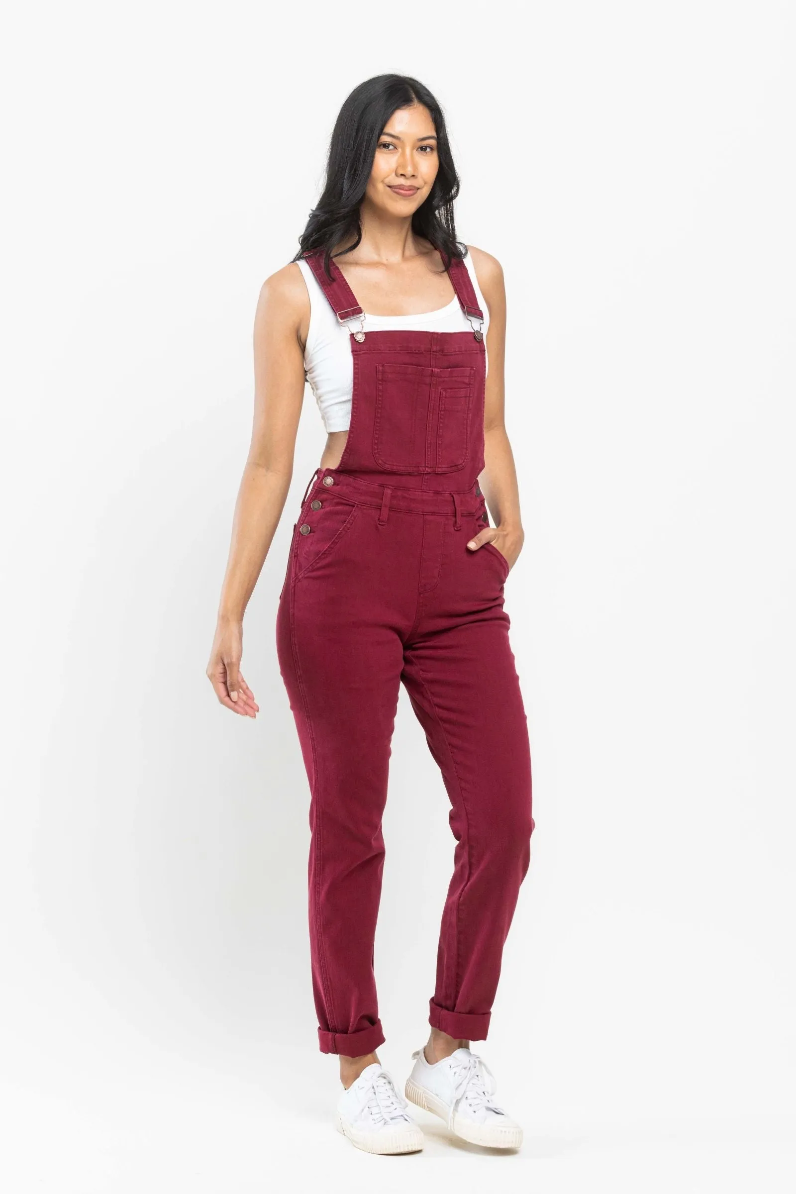 Judy Blue High Waist Garment Dyed Maroon Double Cuff Boyfriend Overall Denim 88712