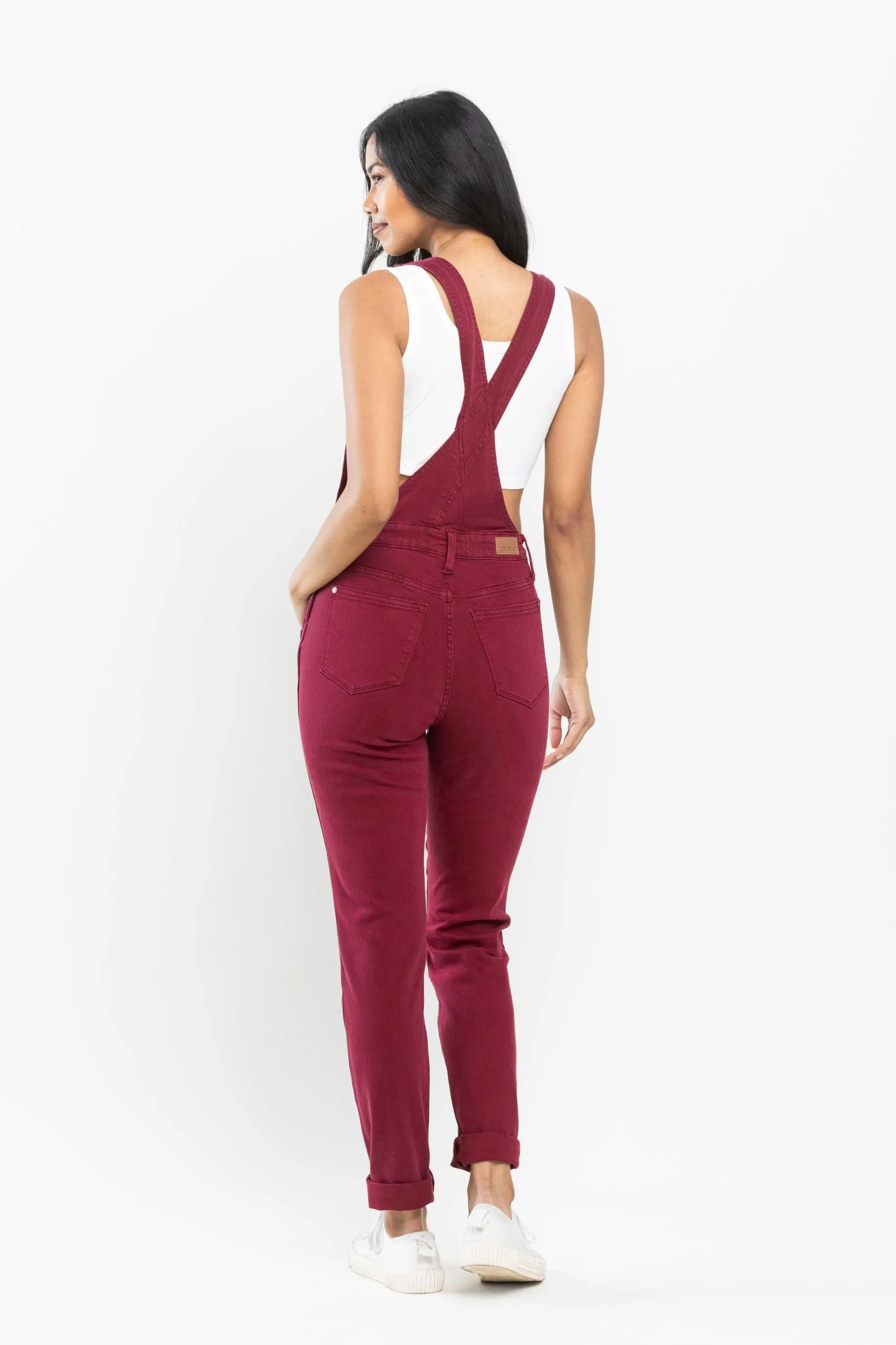 Judy Blue High Waist Garment Dyed Maroon Double Cuff Boyfriend Overall Denim 88712