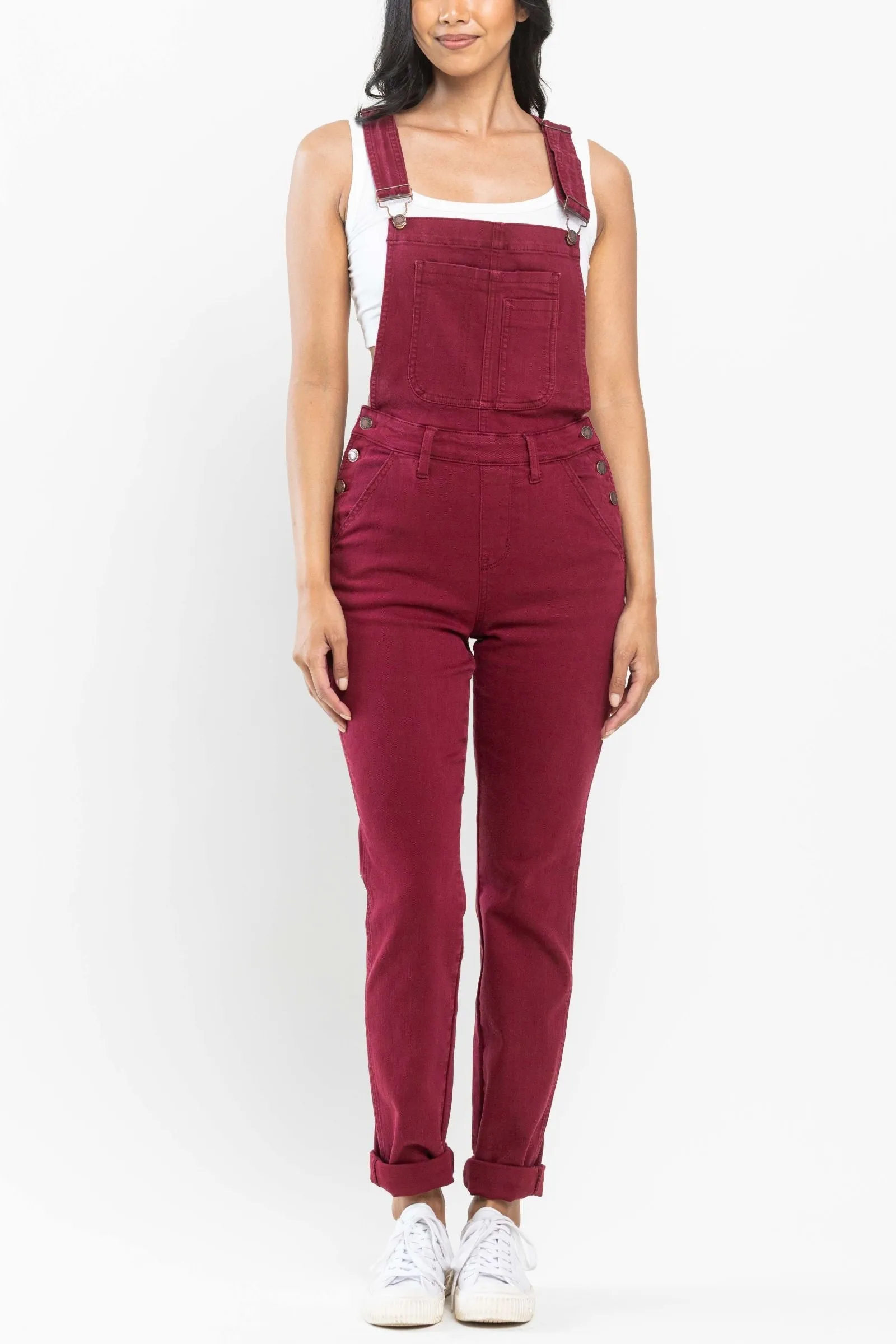 Judy Blue High Waist Garment Dyed Maroon Double Cuff Boyfriend Overall Denim 88712