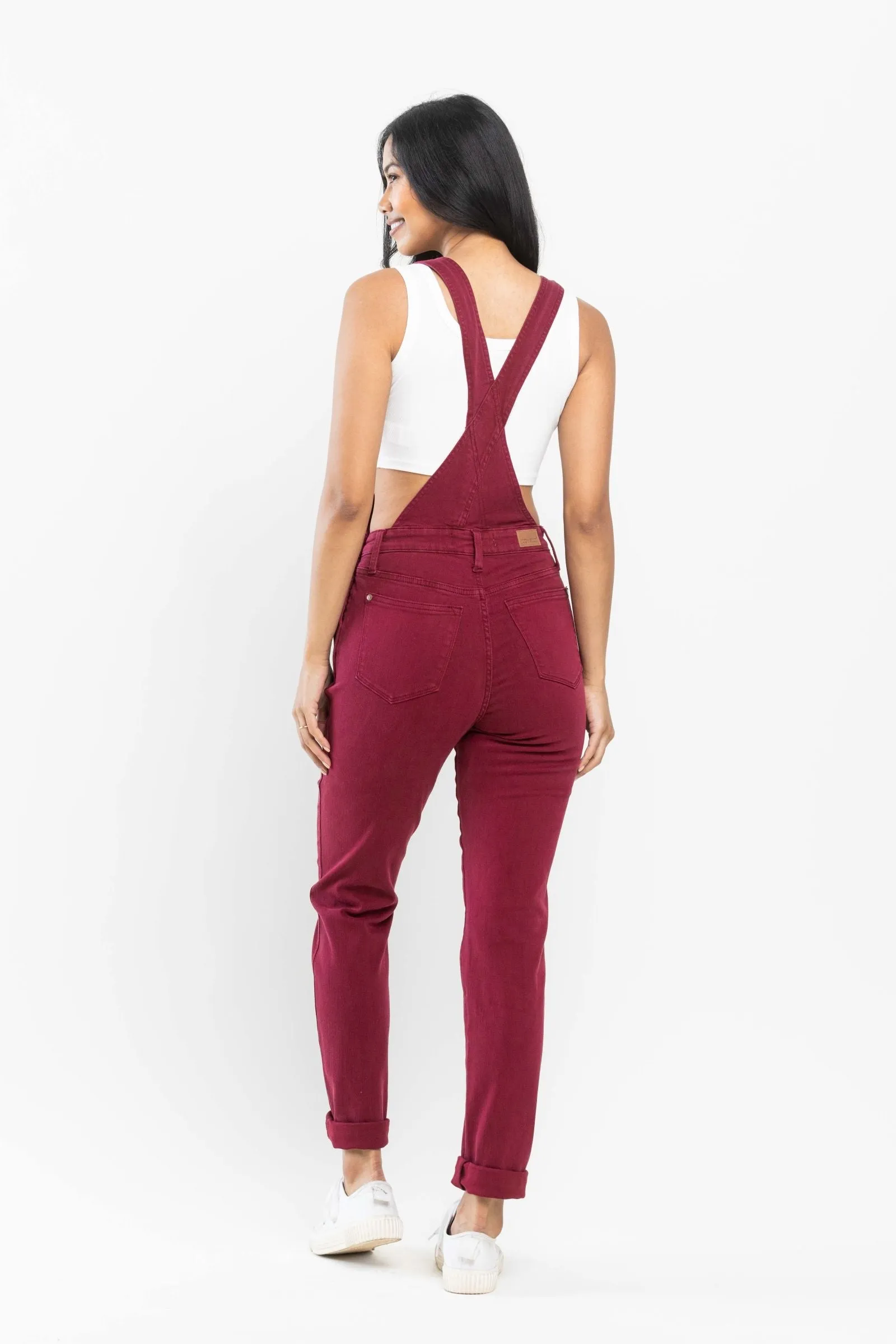 Judy Blue High Waist Garment Dyed Maroon Double Cuff Boyfriend Overall Denim 88712