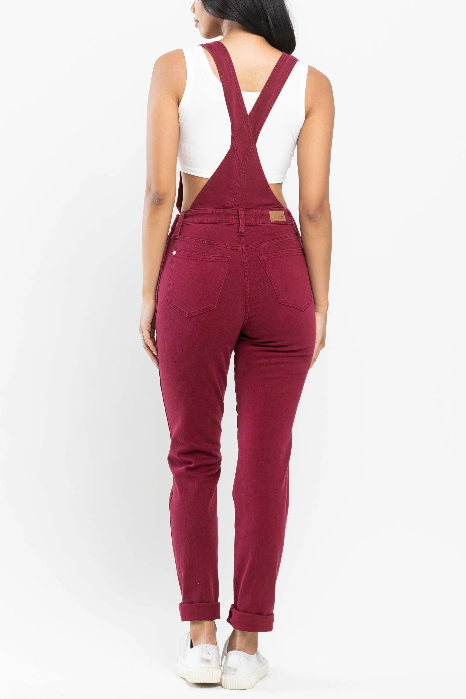 Judy Blue High Waist Garment Dyed Maroon Double Cuff Boyfriend Overall Denim 88712