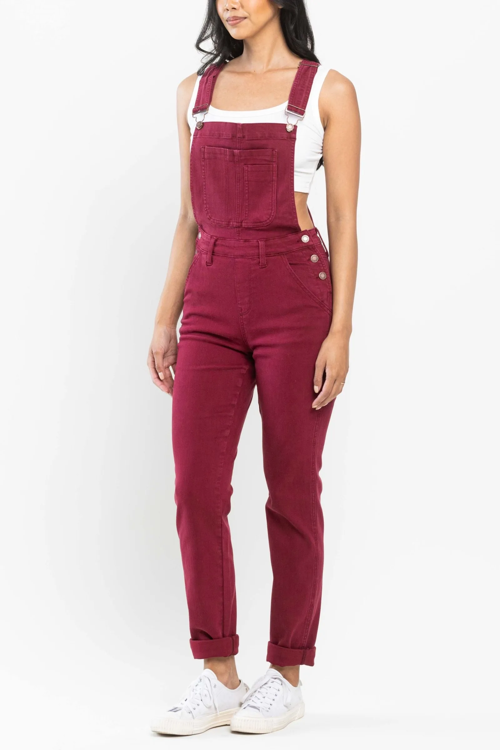 Judy Blue High Waist Garment Dyed Maroon Double Cuff Boyfriend Overall Denim 88712