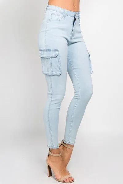 Ladies Light Blue High Waist Skinny Jeans With Cargo Pockets