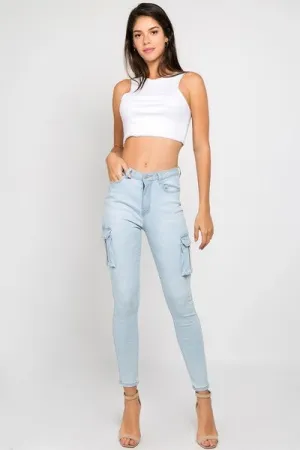 Ladies Light Blue High Waist Skinny Jeans With Cargo Pockets