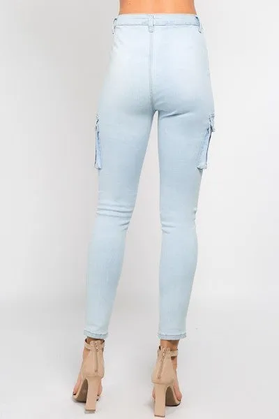 Ladies Light Blue High Waist Skinny Jeans With Cargo Pockets