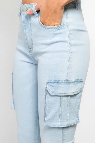 Ladies Light Blue High Waist Skinny Jeans With Cargo Pockets