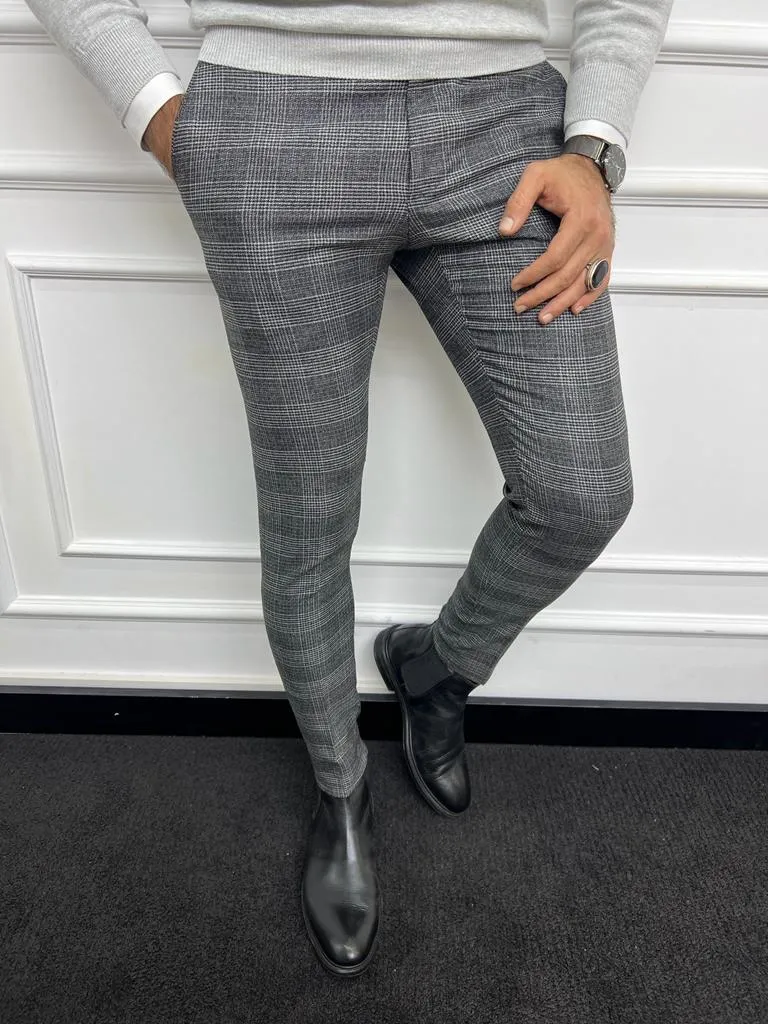 Leon Slim Fit Plaid Striped Grey Pants