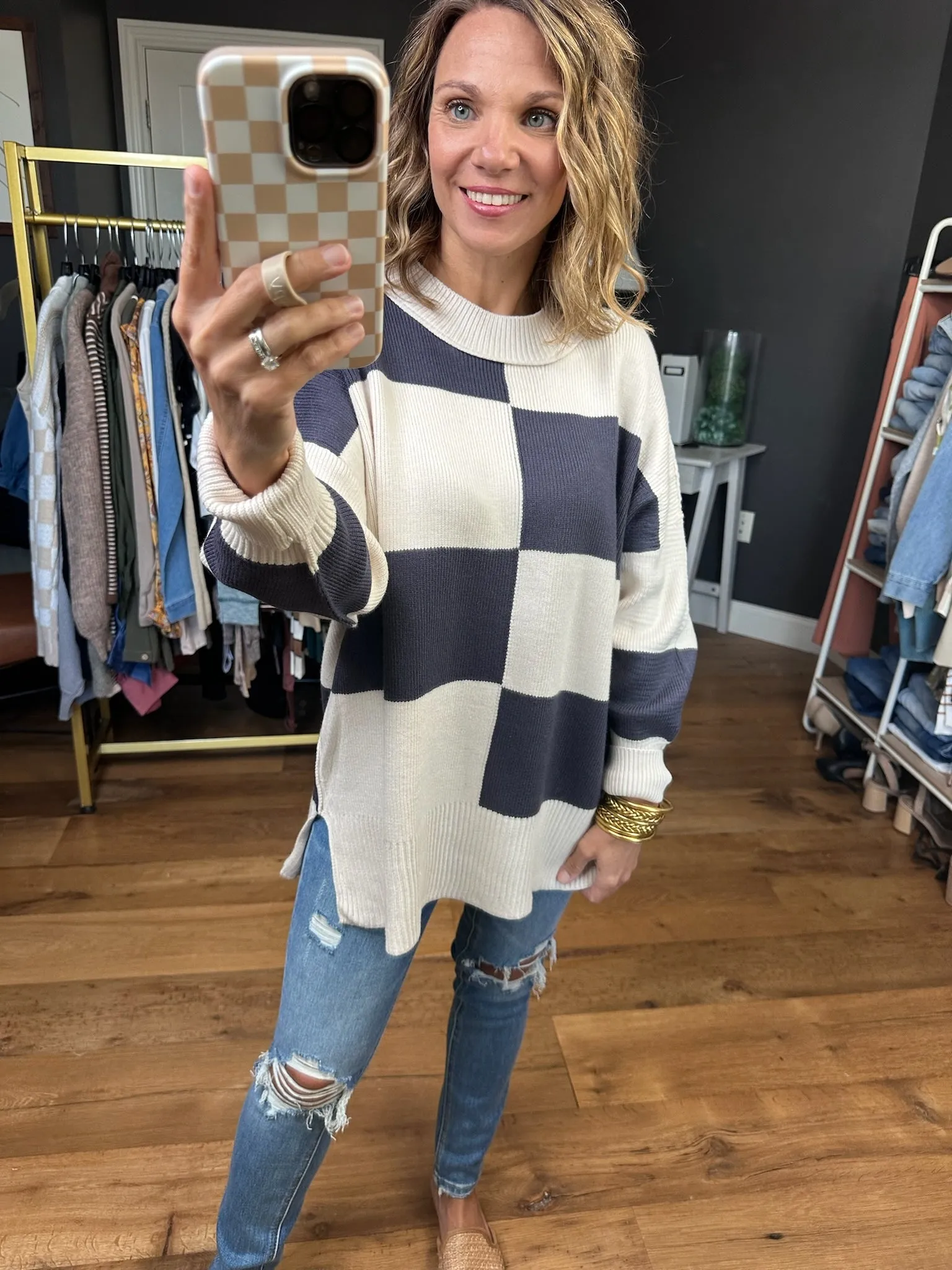 Loving Look Checkered Oversized Knit Sweater - Cream/Blue Grey