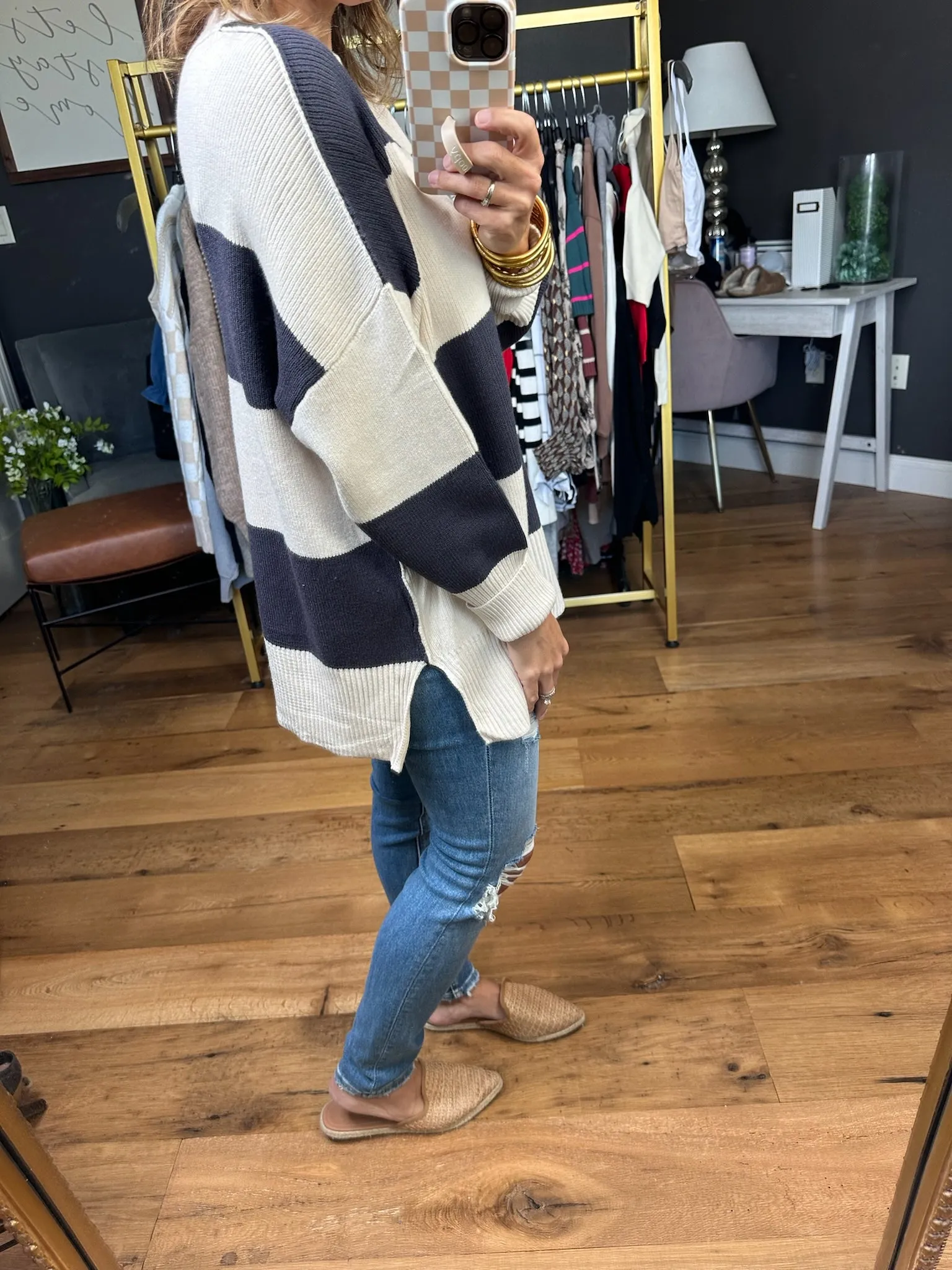 Loving Look Checkered Oversized Knit Sweater - Cream/Blue Grey