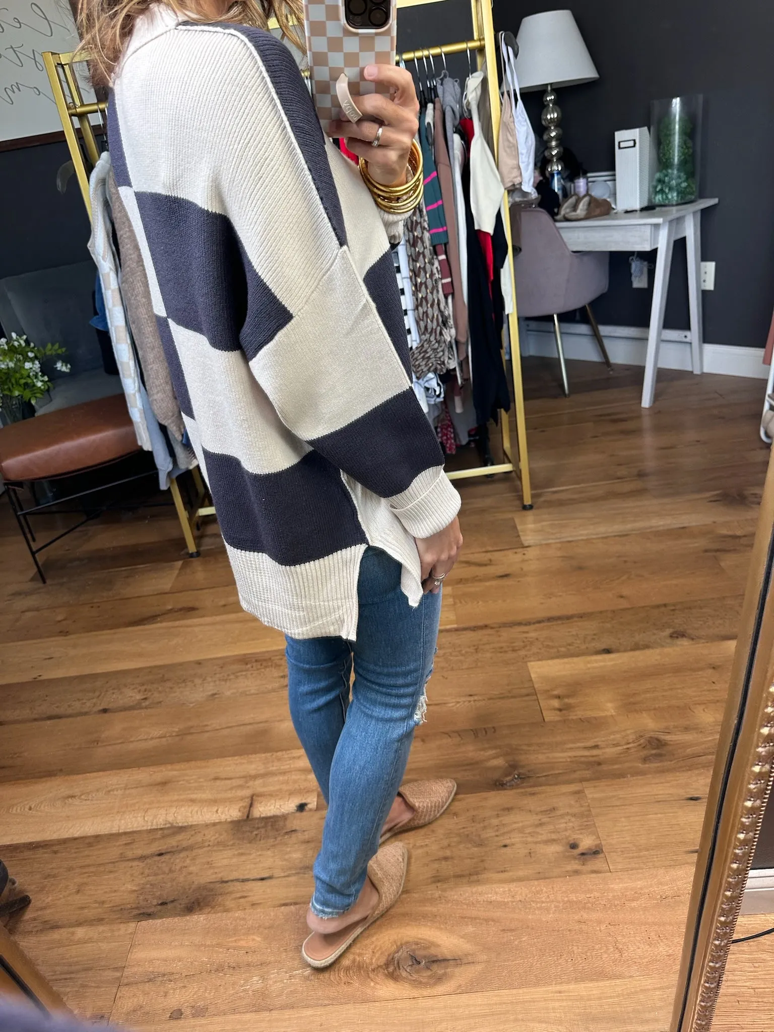 Loving Look Checkered Oversized Knit Sweater - Cream/Blue Grey