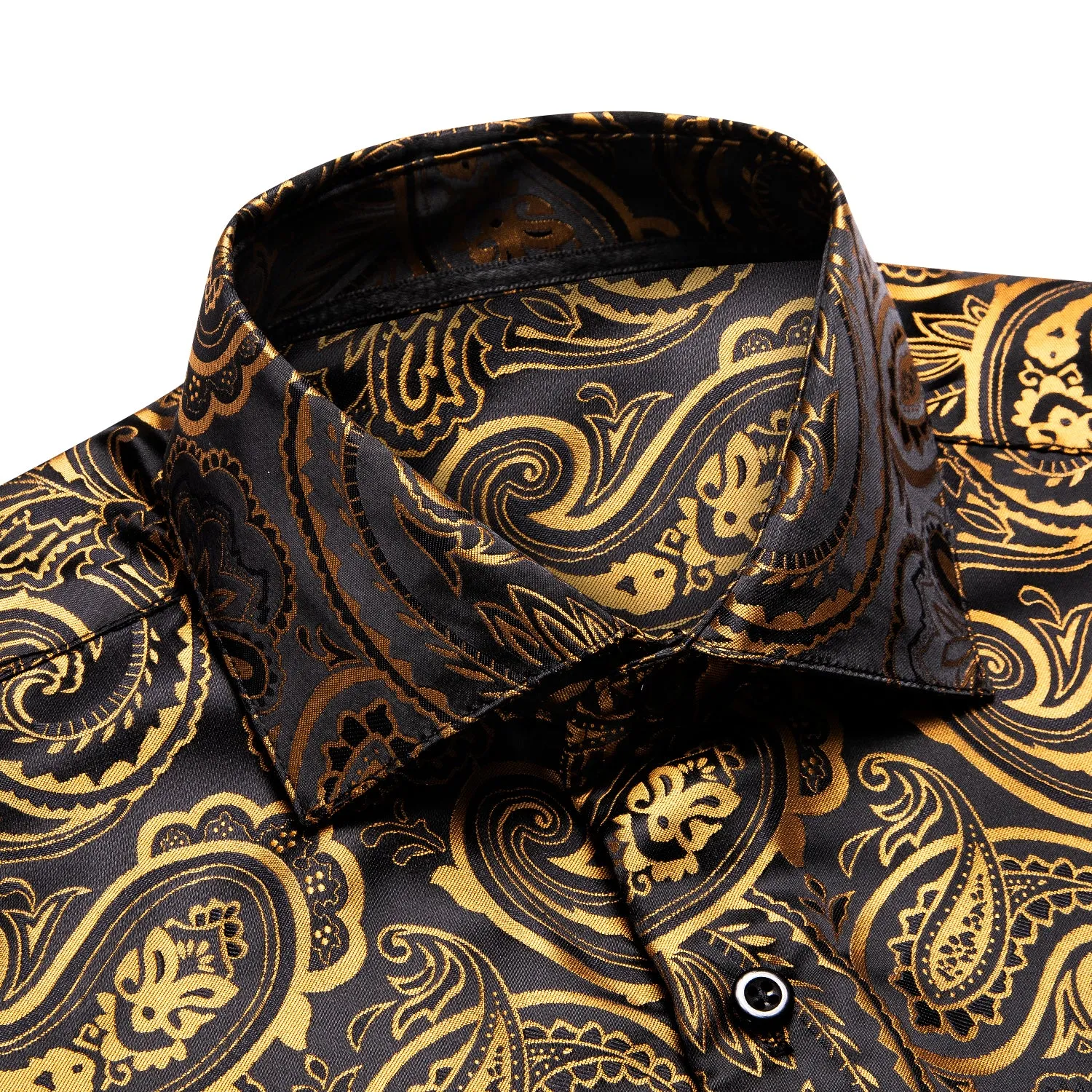 Luxury Golden Black Paisley Pattern Silk Men's Long Sleeve Shirt