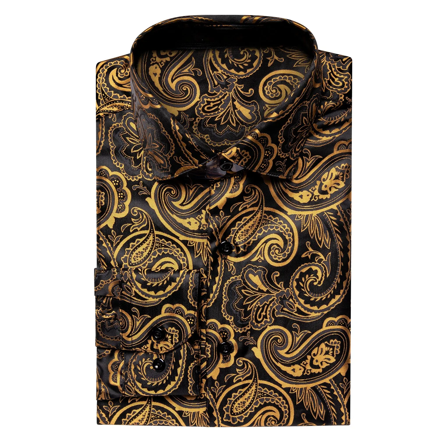 Luxury Golden Black Paisley Pattern Silk Men's Long Sleeve Shirt