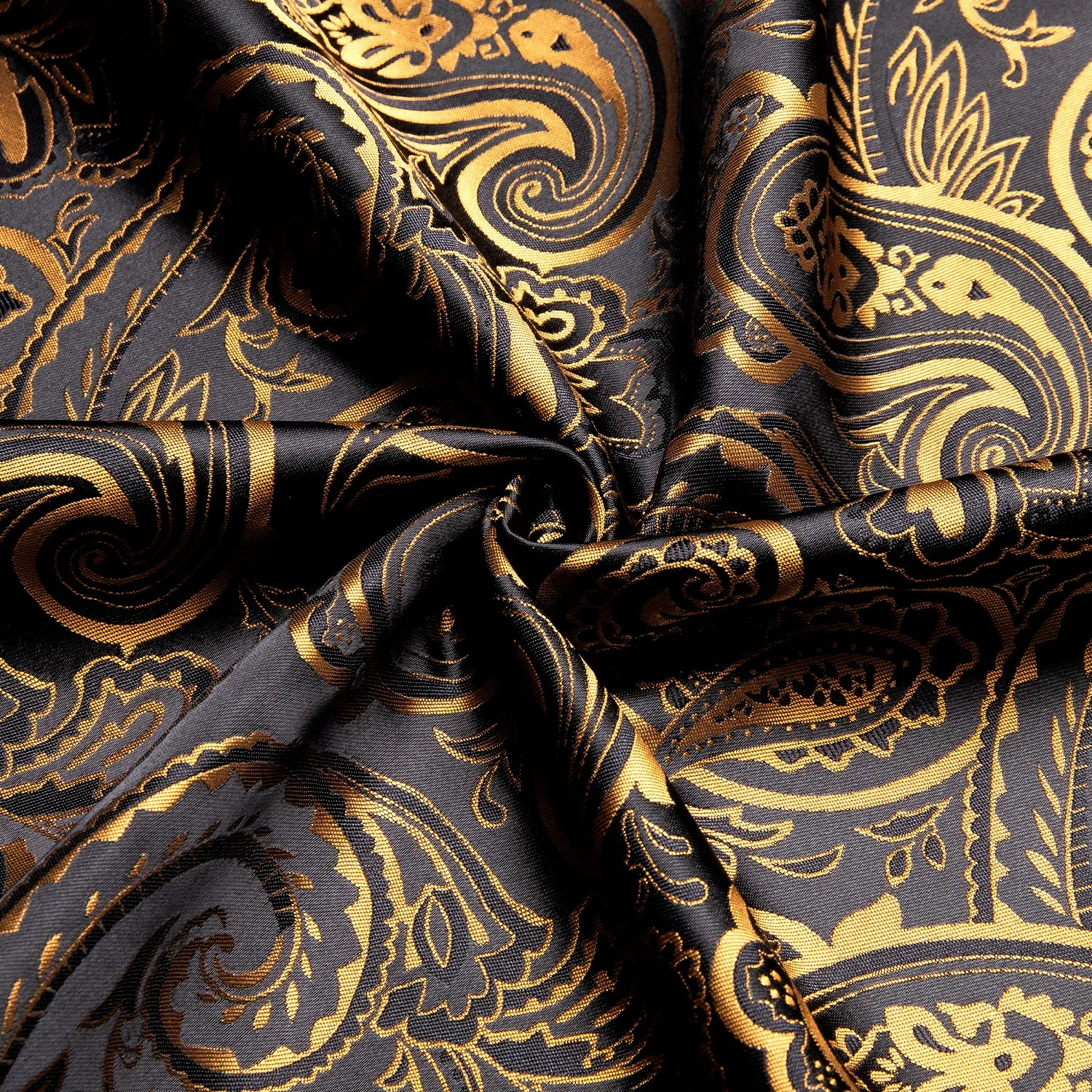 Luxury Golden Black Paisley Pattern Silk Men's Long Sleeve Shirt