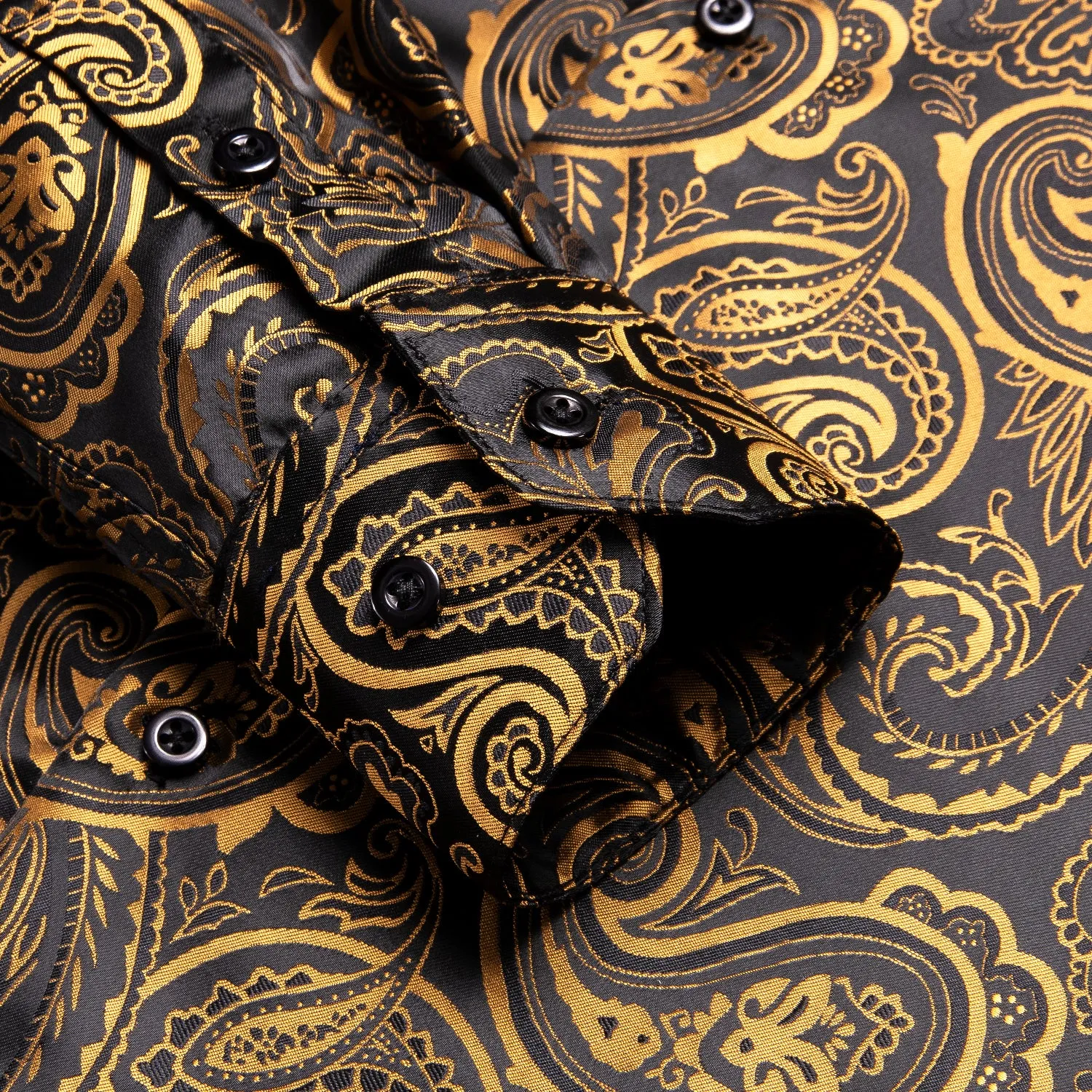 Luxury Golden Black Paisley Pattern Silk Men's Long Sleeve Shirt