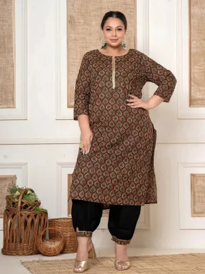 Maroon Cotton Printed Plus Size Kurta Harem Pants Set