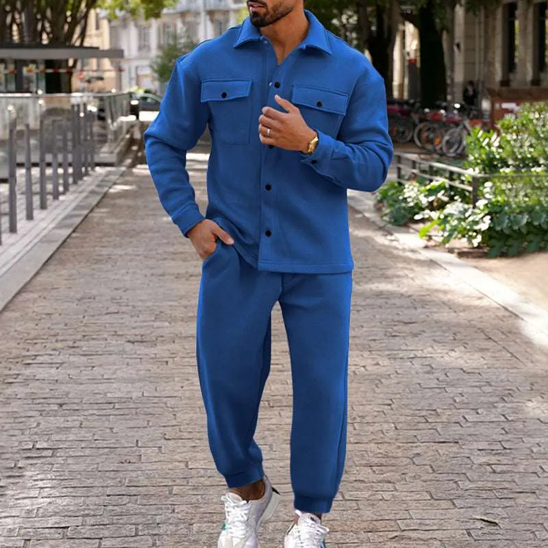 Men's Suede Single-breasted Solid Color Slim Fit Short Sleeved Shirt and Pants Two-piece Outfit Set