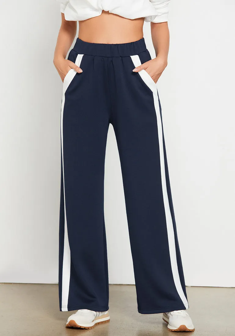 Navy Blue Women's Casual Elastic Waist Pants High Waisted Full Length Relaxed Fit Stretch Wide Leg Sports Wear