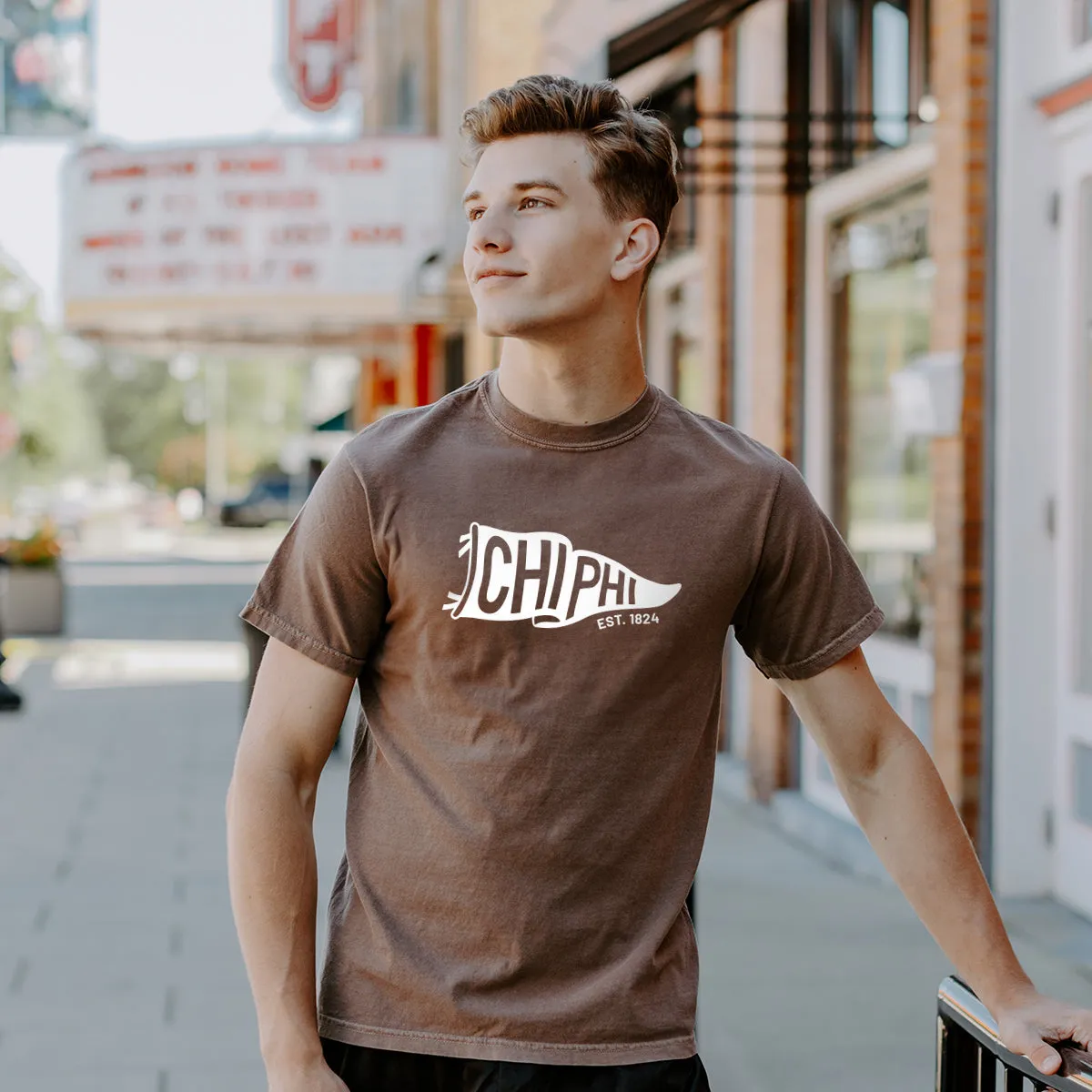 New! Chi Phi Comfort Colors Brown Pennant Short Sleeve Tee