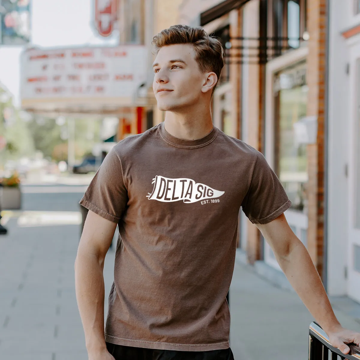 New! Delta Sig Comfort Colors Brown Pennant Short Sleeve Tee