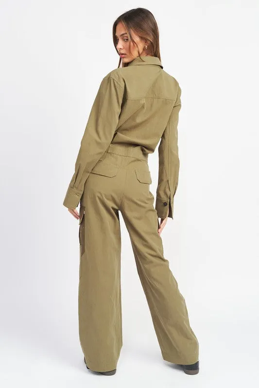 Olive Colored Button Down Cargo Jumpsuit