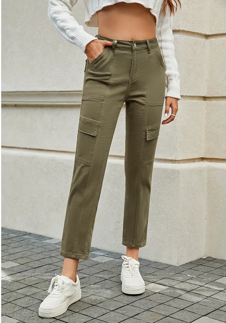 Olive Green Cargo High Waisted Straight Leg Stretchy Distressed Denim Pants for Women