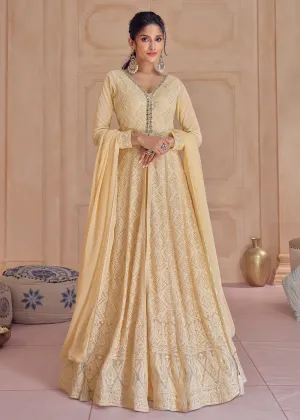 Palazzo Style Fawn Yellow Lucknowi Embroidered Anarkali Suit