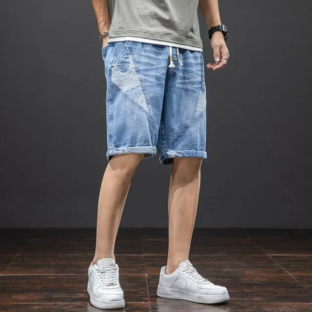 Plus Size Summer Blue Short Jeans Men Knee-Length Cotton Casual Baggy Trousers Male Striped Denim Shorts 6XL 7XL 8XL