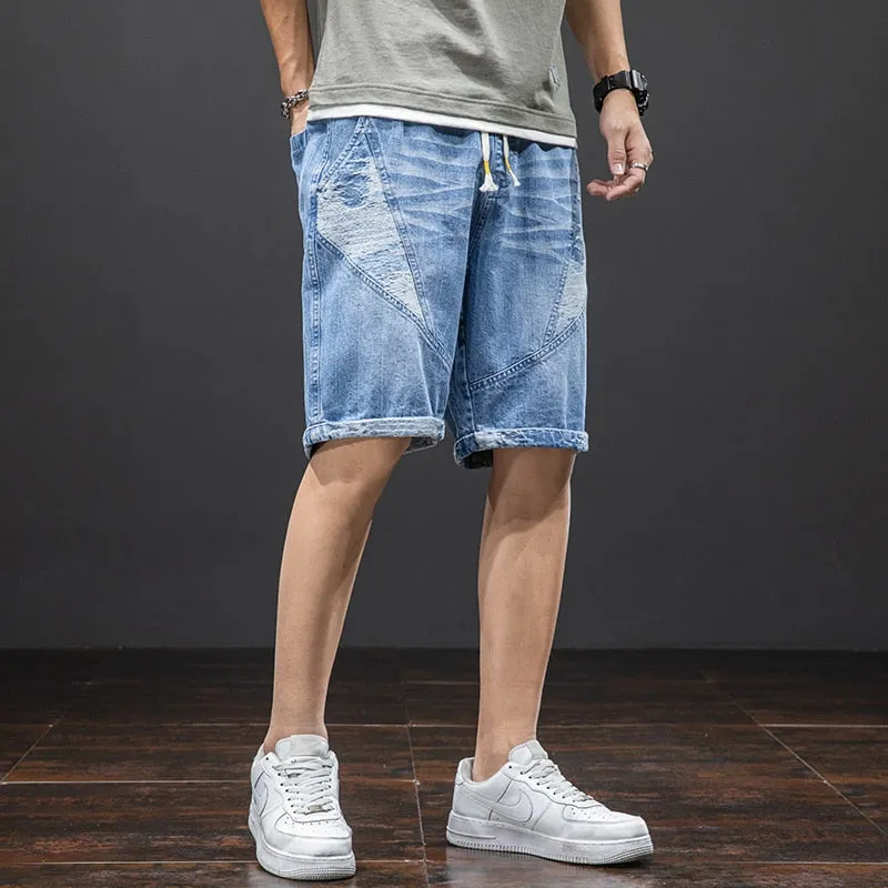 Plus Size Summer Blue Short Jeans Men Knee-Length Cotton Casual Baggy Trousers Male Striped Denim Shorts 6XL 7XL 8XL