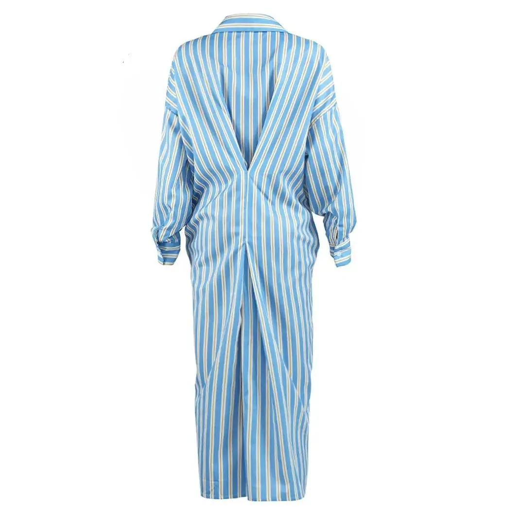 Pre Order:  Blue Striped Long Sleeves Loose Dress