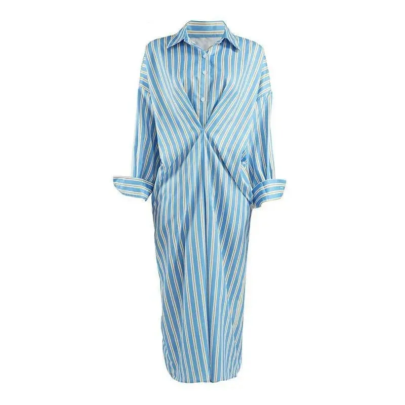 Pre Order:  Blue Striped Long Sleeves Loose Dress