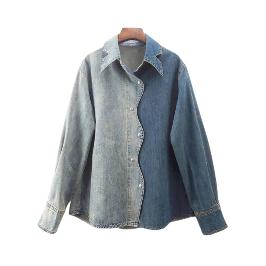 Pre Order:  Casual Color Block Big Size Long Sleeve Denim Shirt