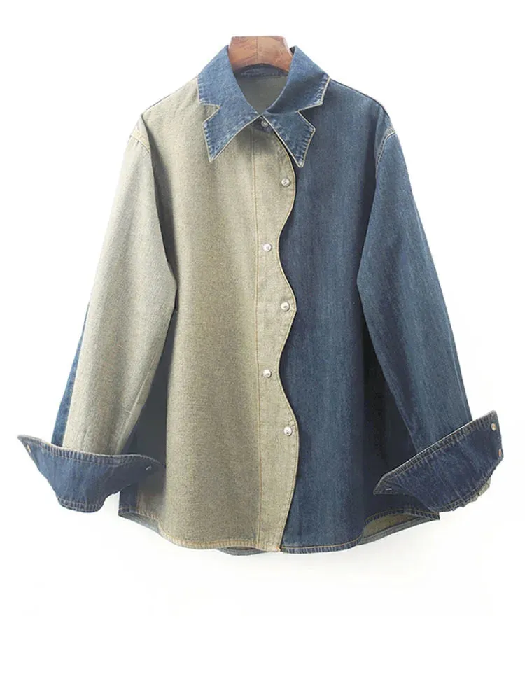 Pre Order:  Casual Color Block Big Size Long Sleeve Denim Shirt