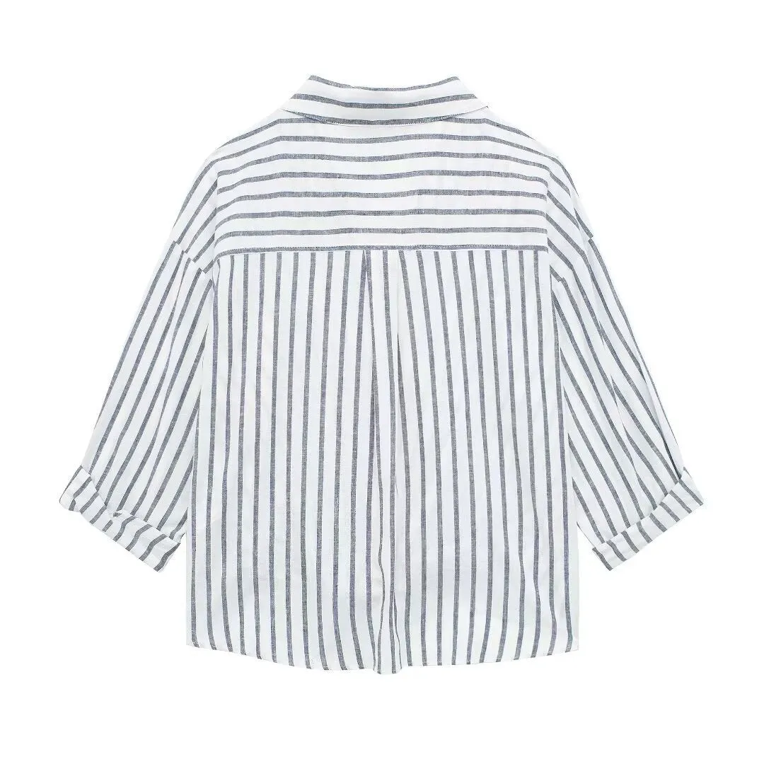 Pre Order:  Linen Blend Striped Loose Shirt Top