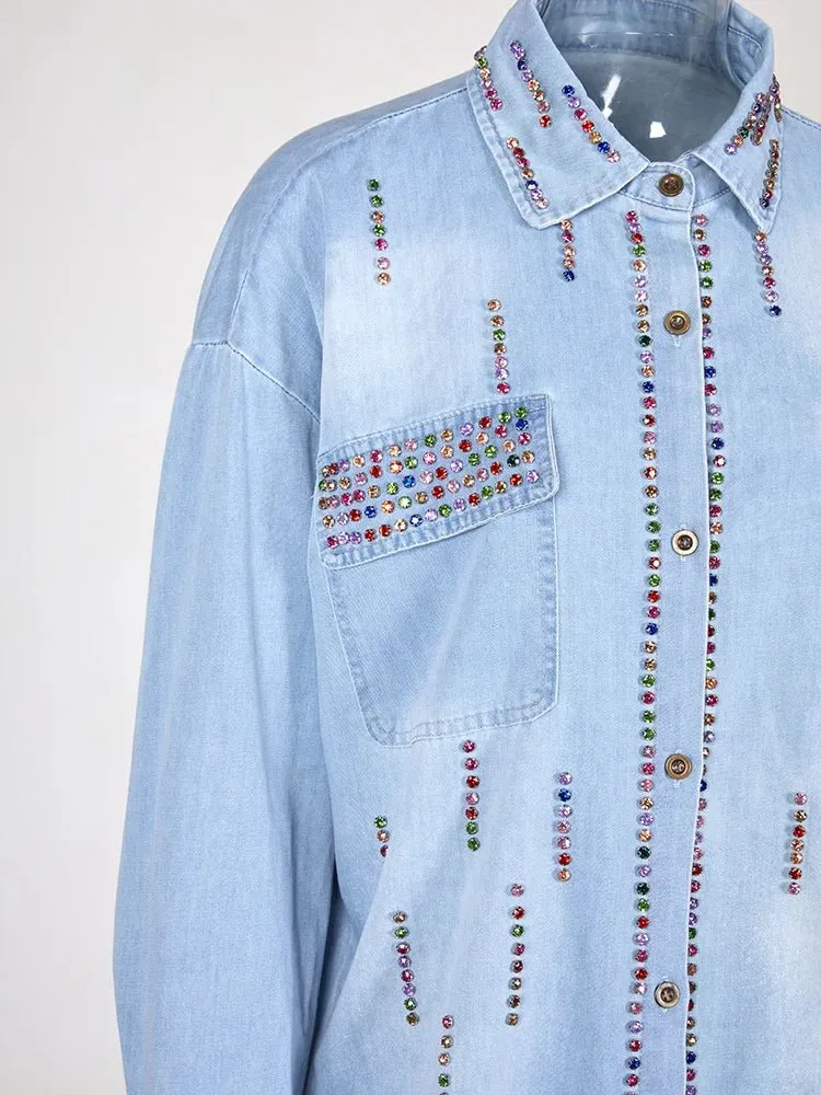 Pre Order:  Multicolor Rhinestones Denim Shirt