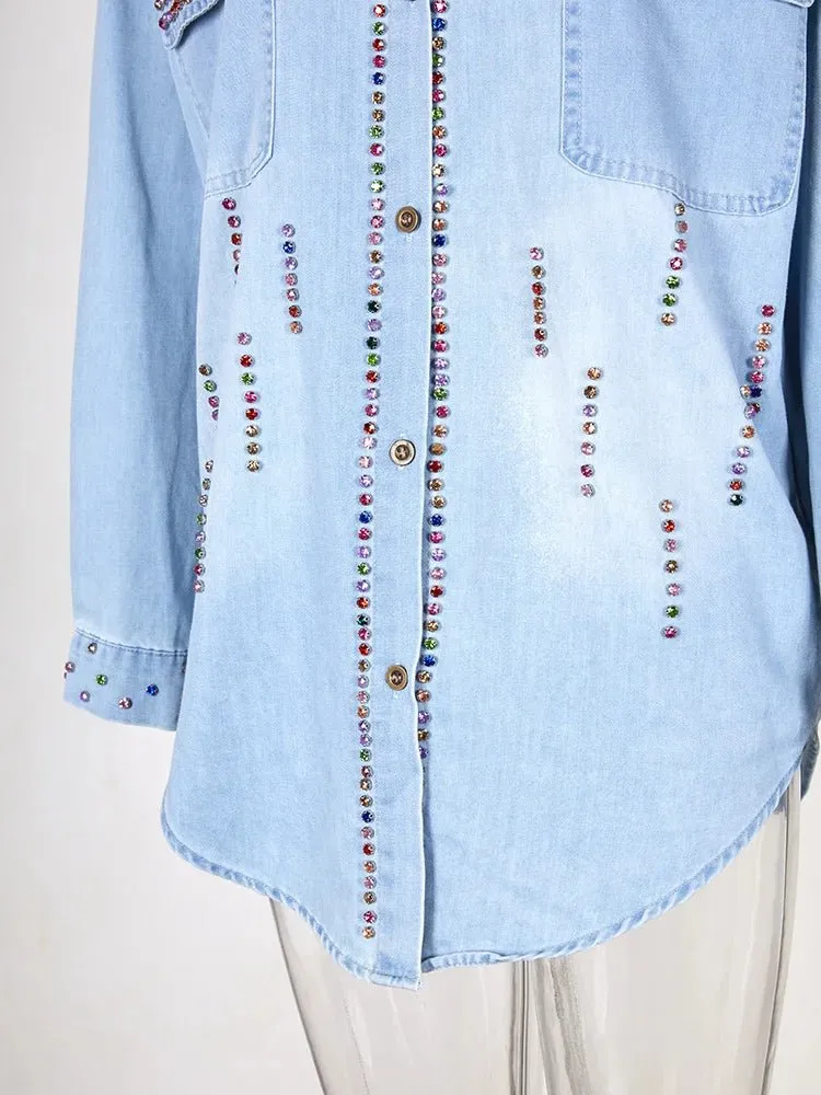 Pre Order:  Multicolor Rhinestones Denim Shirt